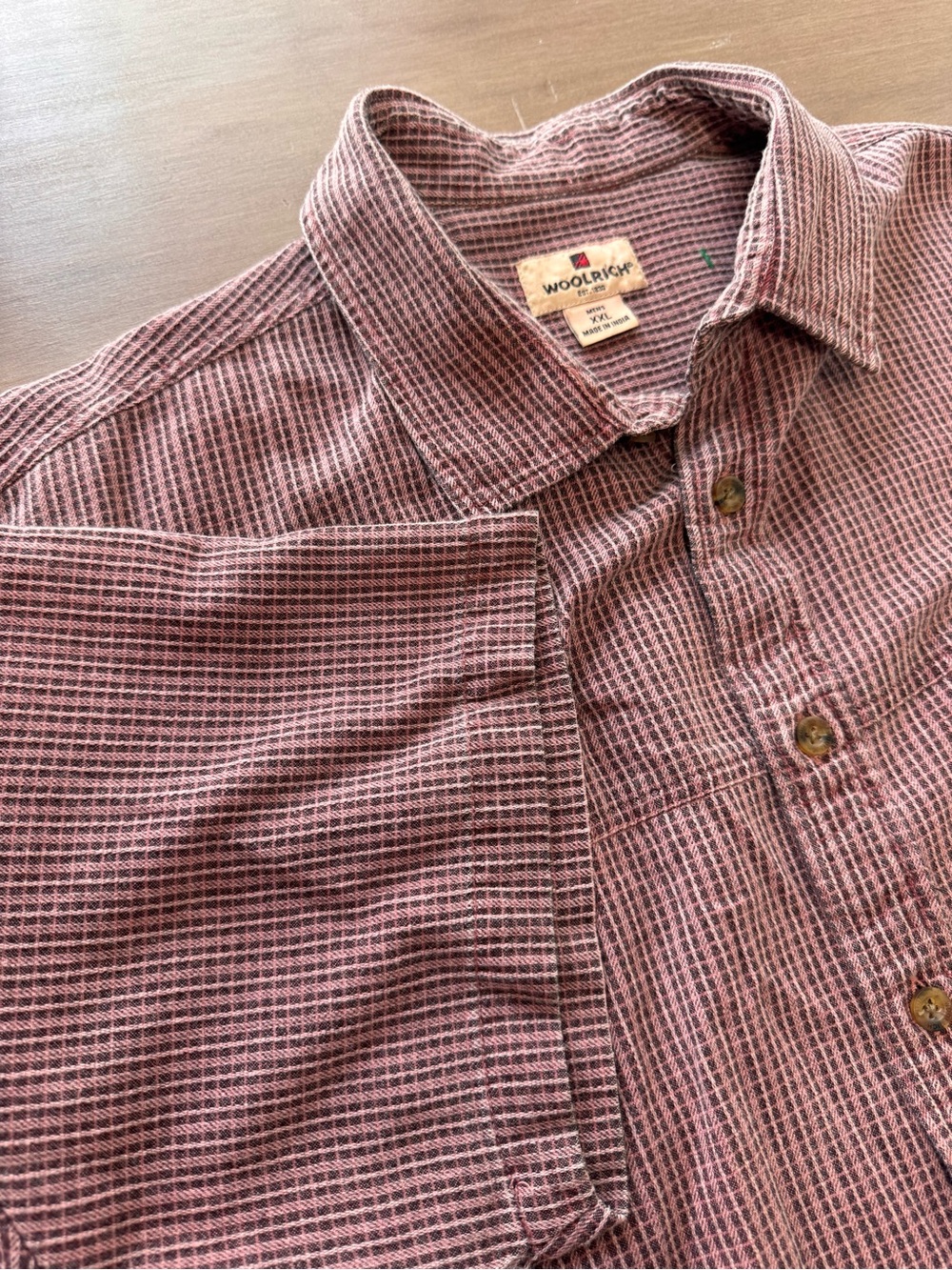Woolrich Mens XXL Short Sleeve Button Up Shirt Burgundy Black Micro Check Cotton